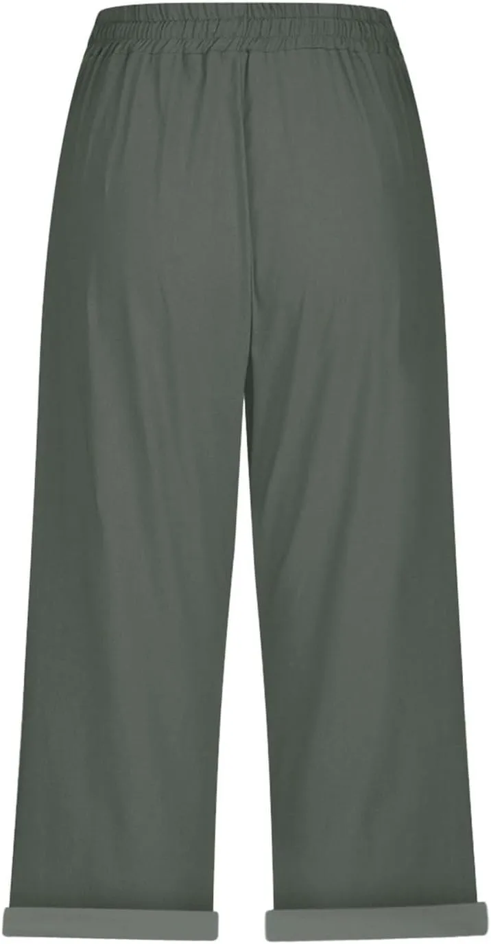 Petite Pants for Women Linen Capri Casual 2025 Summer Drawstring Elastic High Waist Cropped Trousers Plus Size