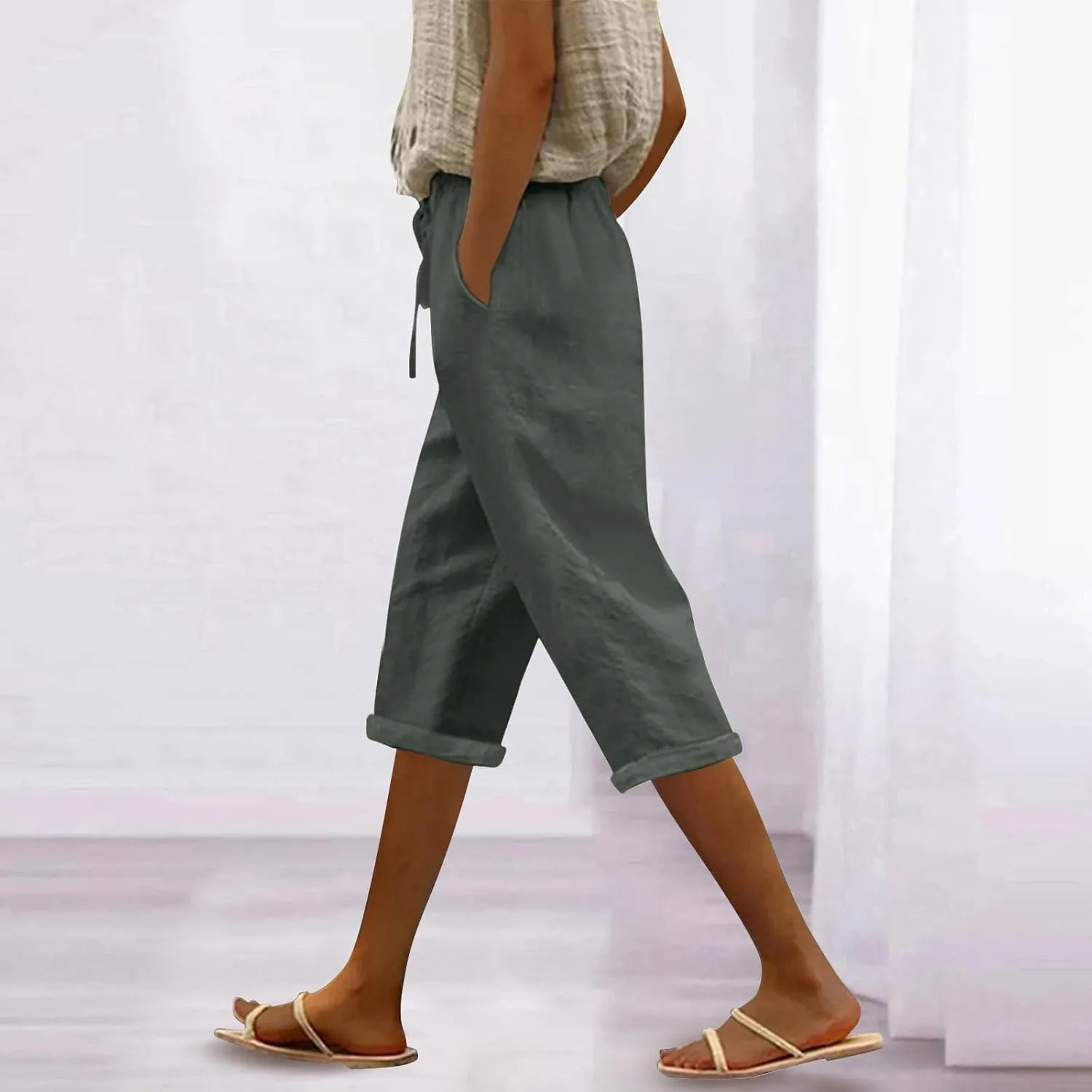 Petite Pants for Women Linen Capri Casual 2025 Summer Drawstring Elastic High Waist Cropped Trousers Plus Size