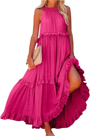 PETYCZEN Womens Tiered Dress 2025 Summer Sleeveless Halter Tie Back Pleated Maxi Dress A Line Long Flowy Beach Sundresses