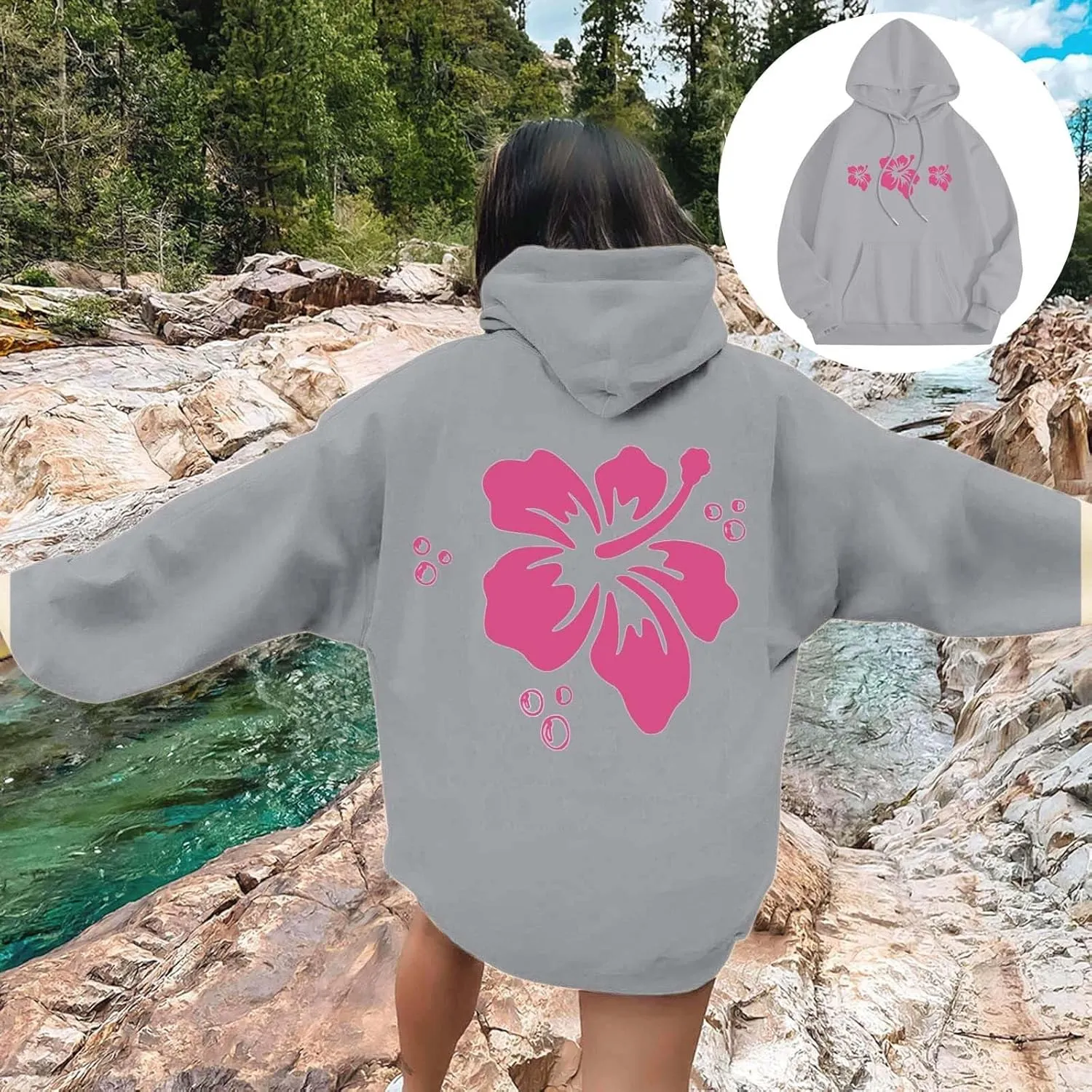 Pink Graphic Hoodie For Women 2024 Cute Preppy Hoodies Teen Girls Oversized Sweatshirt Y2k Drawstring Pullover With Pockets