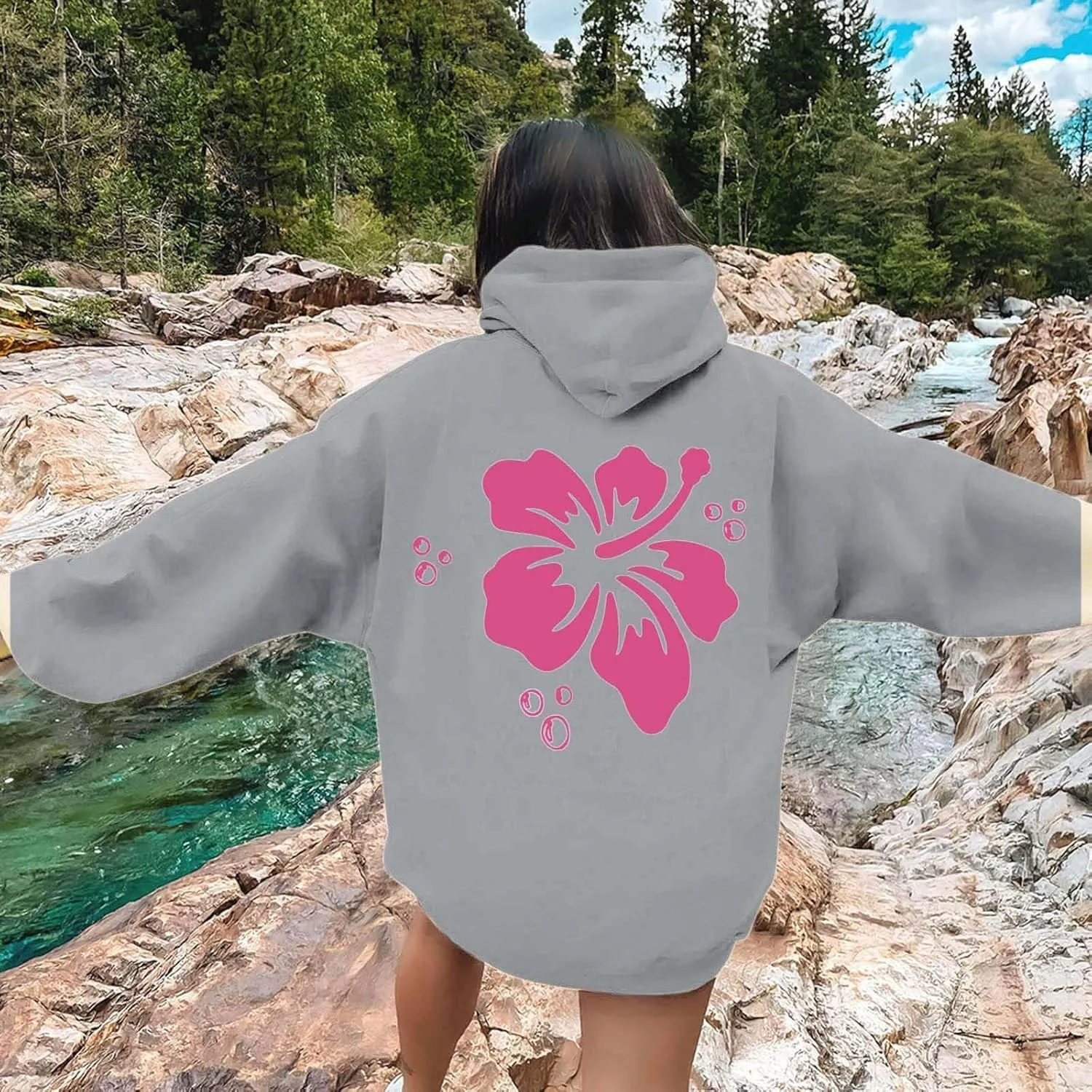 Pink Graphic Hoodie For Women 2024 Cute Preppy Hoodies Teen Girls Oversized Sweatshirt Y2k Drawstring Pullover With Pockets