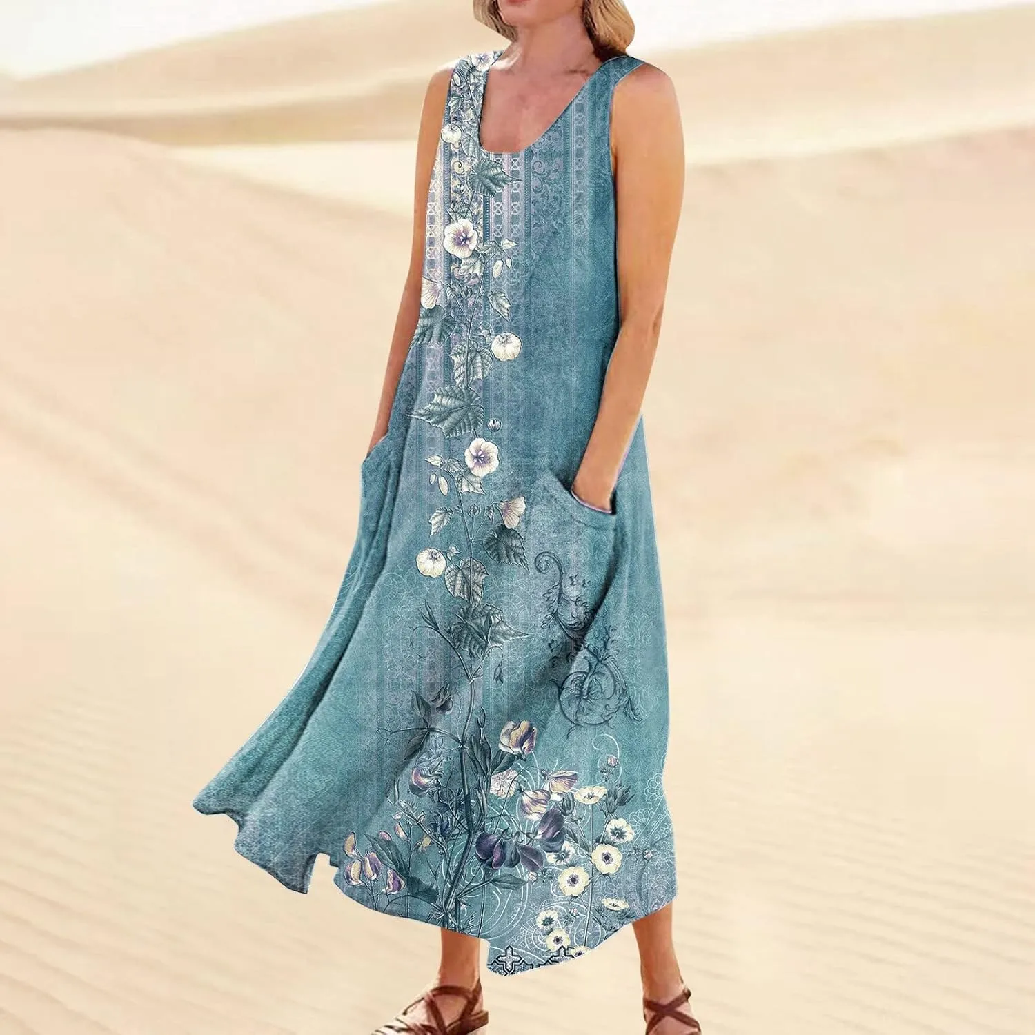 Plus Size Dresses for Curvy Women Sleeveless Summer Dresses Casual Baggy Flowy Maxi Sun Dresses Pocket