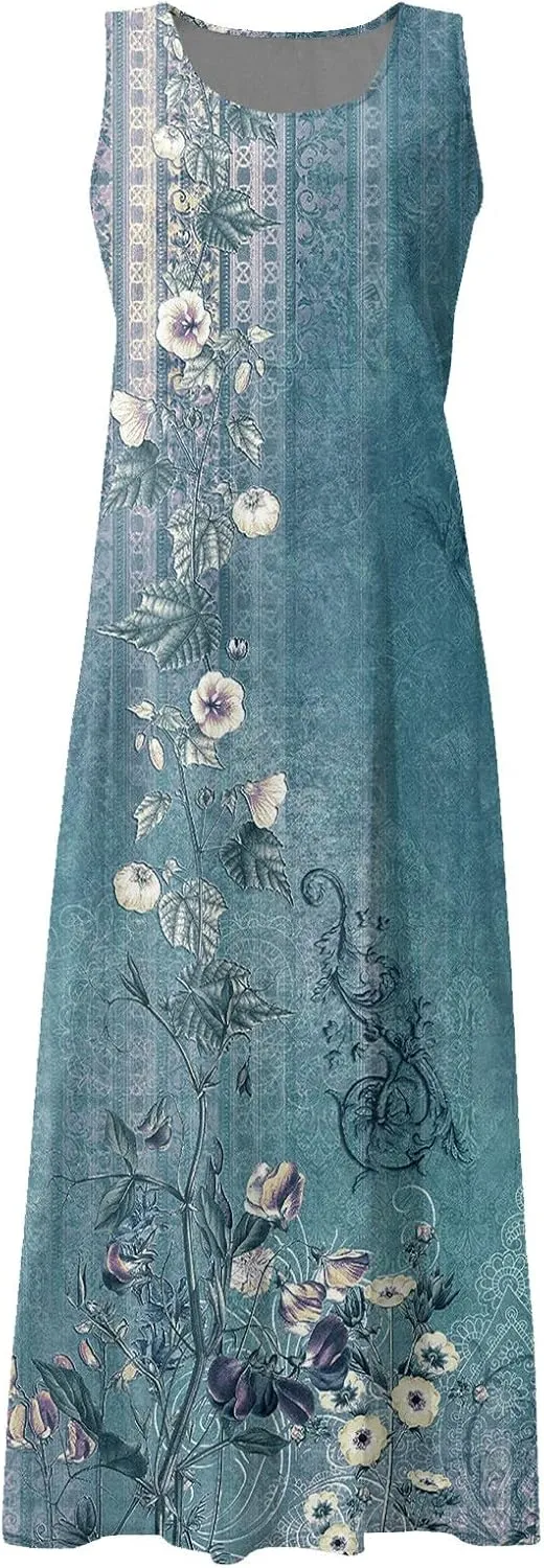 Plus Size Dresses for Curvy Women Sleeveless Summer Dresses Casual Baggy Flowy Maxi Sun Dresses Pocket