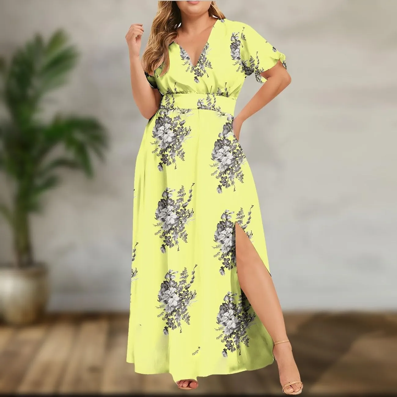 Plus Size Dresses for Curvy Women Wedding Guest Formal Cocktail Maxi V Neck Short Sleeve Split Dress