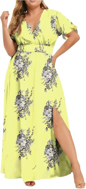Plus Size Dresses for Curvy Women Wedding Guest Formal Cocktail Maxi V Neck Short Sleeve Split Dress