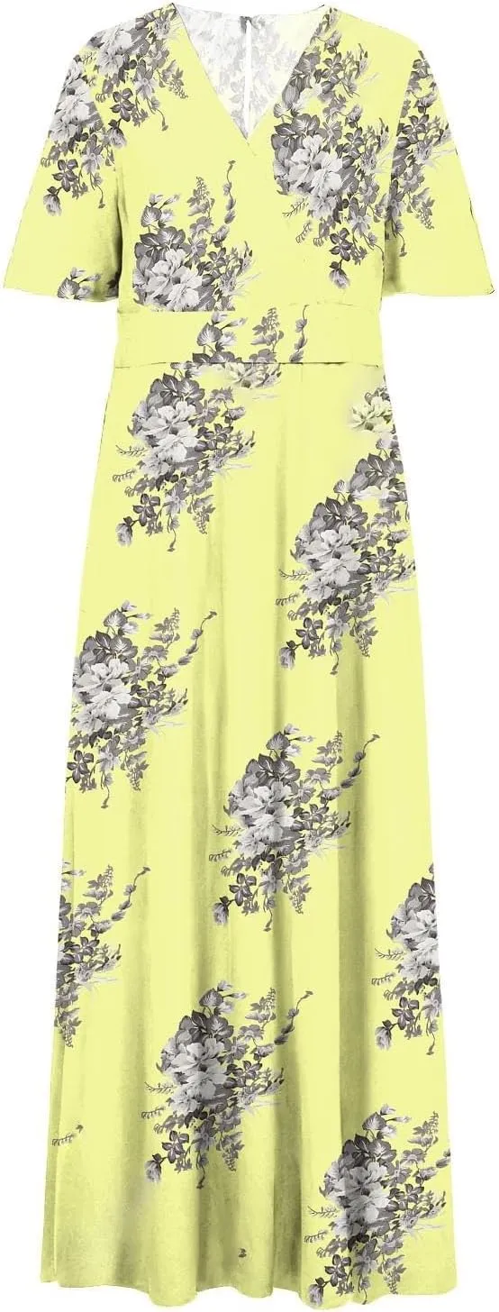 Plus Size Dresses for Curvy Women Wedding Guest Formal Cocktail Maxi V Neck Short Sleeve Split Dress