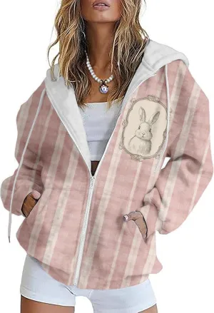 Plus Size Spring Sweatshirts for Women 2025 Easter Hoodie Bunny Egg Print Long Sleeve Hooded Jacket with Pockets