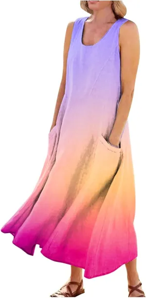 Plus Size Summer Dresses U Neck Sleeveless Sundress A-Line Floral Print Boho Dress Flowy Beach Dress with Pockets