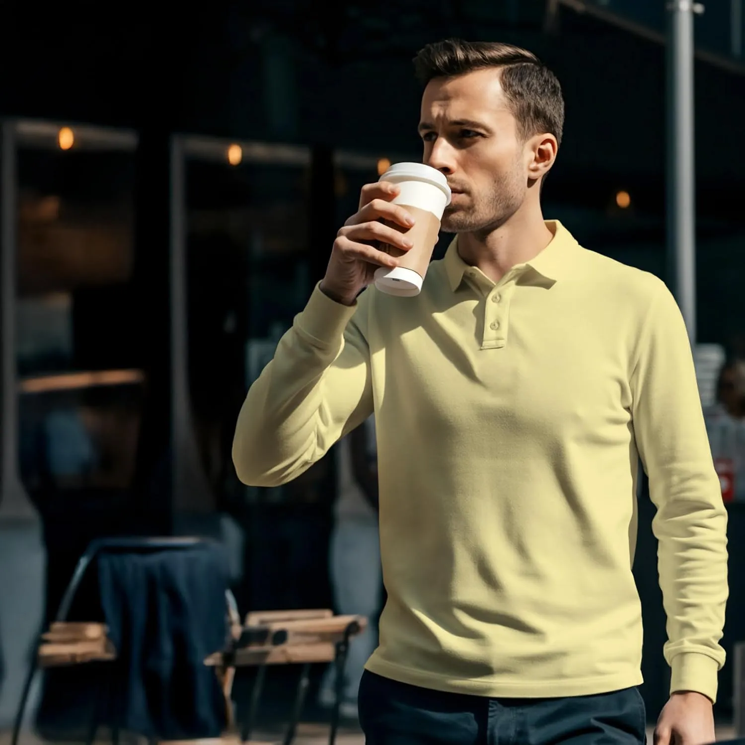 Premium Wear Long Sleeve Polo Shirt for Men, Cotton-Blend Fabric Golf Shirt with Collar, 3-Button Placket, Stain Guard