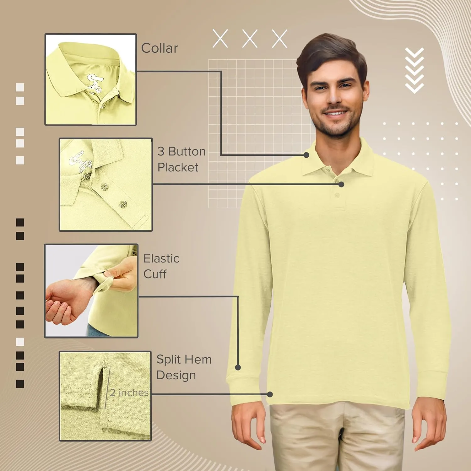 Premium Wear Long Sleeve Polo Shirt for Men, Cotton-Blend Fabric Golf Shirt with Collar, 3-Button Placket, Stain Guard