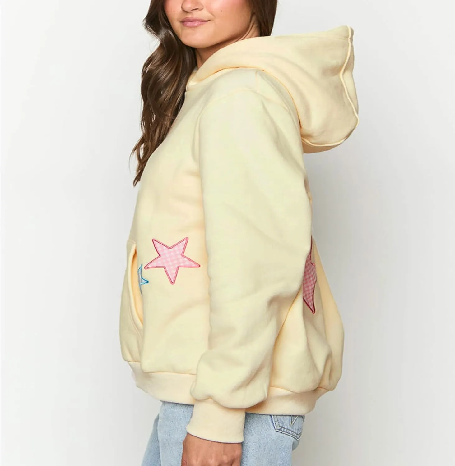 Preppy Embroidered Flower Hoodies for Teen Girl Women Y2K Back Graphic Printed Oversized Pullover Hooded Sweatshirts