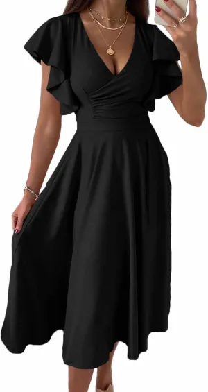 PRETTYGARDEN Summer Midi Dress 2025 Spring Ruffle Sleeve V Neck Cocktail Wedding Guest A Line Fit and Flared Dresses