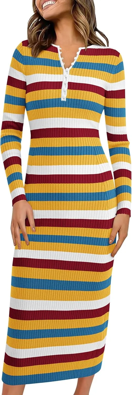 PRETTYGARDEN Women's Striped Spring Midi Sweater Dress Fall Long Sleeve Button Up V Neck Knit Bodycon Vacation Party Dresses