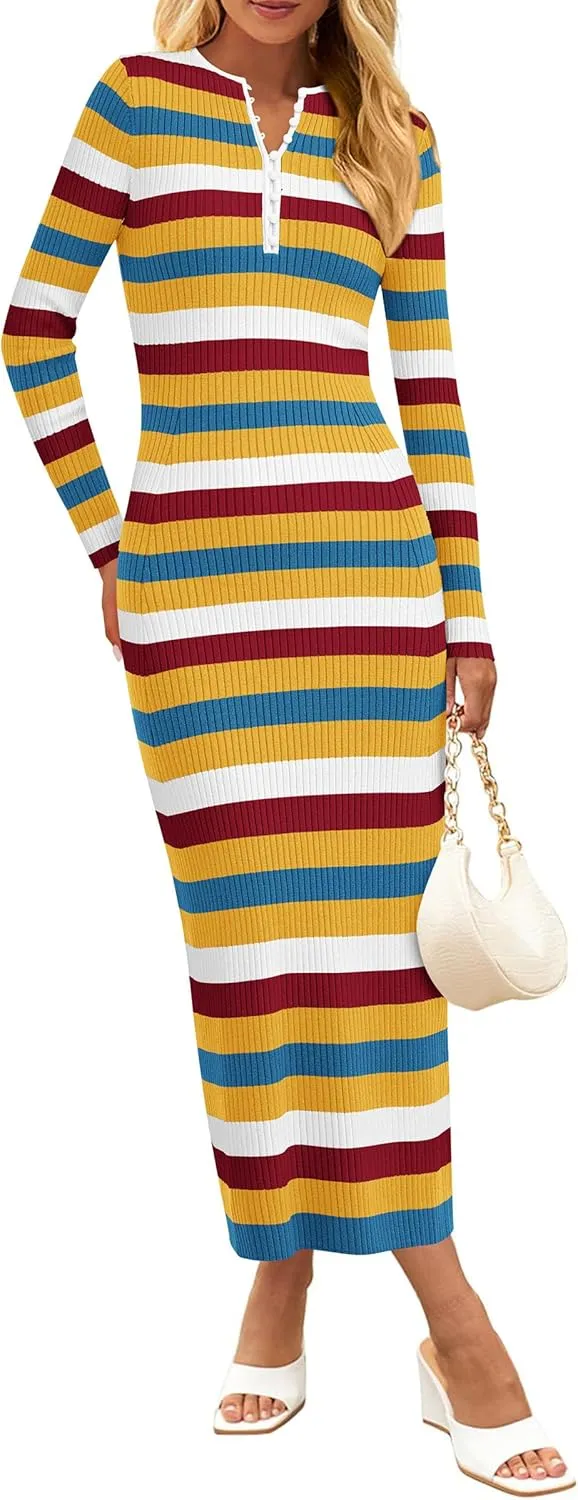 PRETTYGARDEN Women's Striped Spring Midi Sweater Dress Fall Long Sleeve Button Up V Neck Knit Bodycon Vacation Party Dresses
