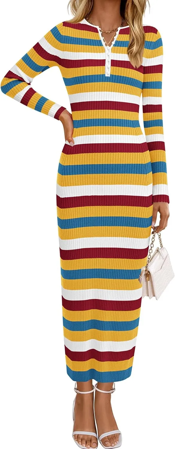 PRETTYGARDEN Women's Striped Spring Midi Sweater Dress Fall Long Sleeve Button Up V Neck Knit Bodycon Vacation Party Dresses