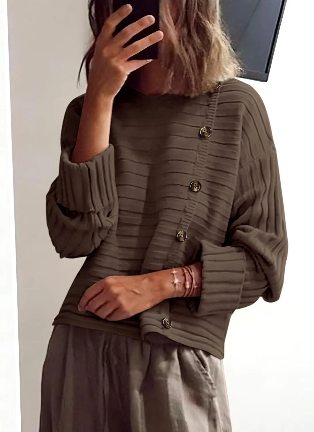 PRETTYGARDEN Womens Sweaters Fall 2025 Casual Long Sleeve Crewneck Button Loose Winter Knit Pullover Sweater Tops