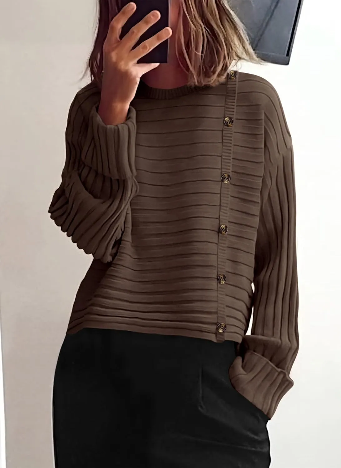 PRETTYGARDEN Womens Sweaters Fall 2025 Casual Long Sleeve Crewneck Button Loose Winter Knit Pullover Sweater Tops
