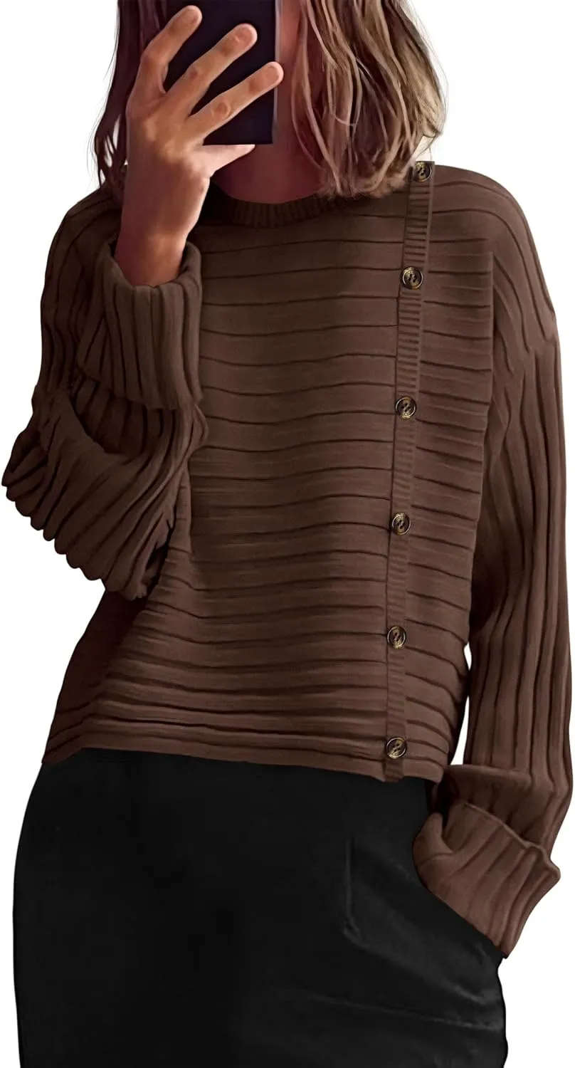 PRETTYGARDEN Womens Sweaters Fall 2025 Casual Long Sleeve Crewneck Button Loose Winter Knit Pullover Sweater Tops