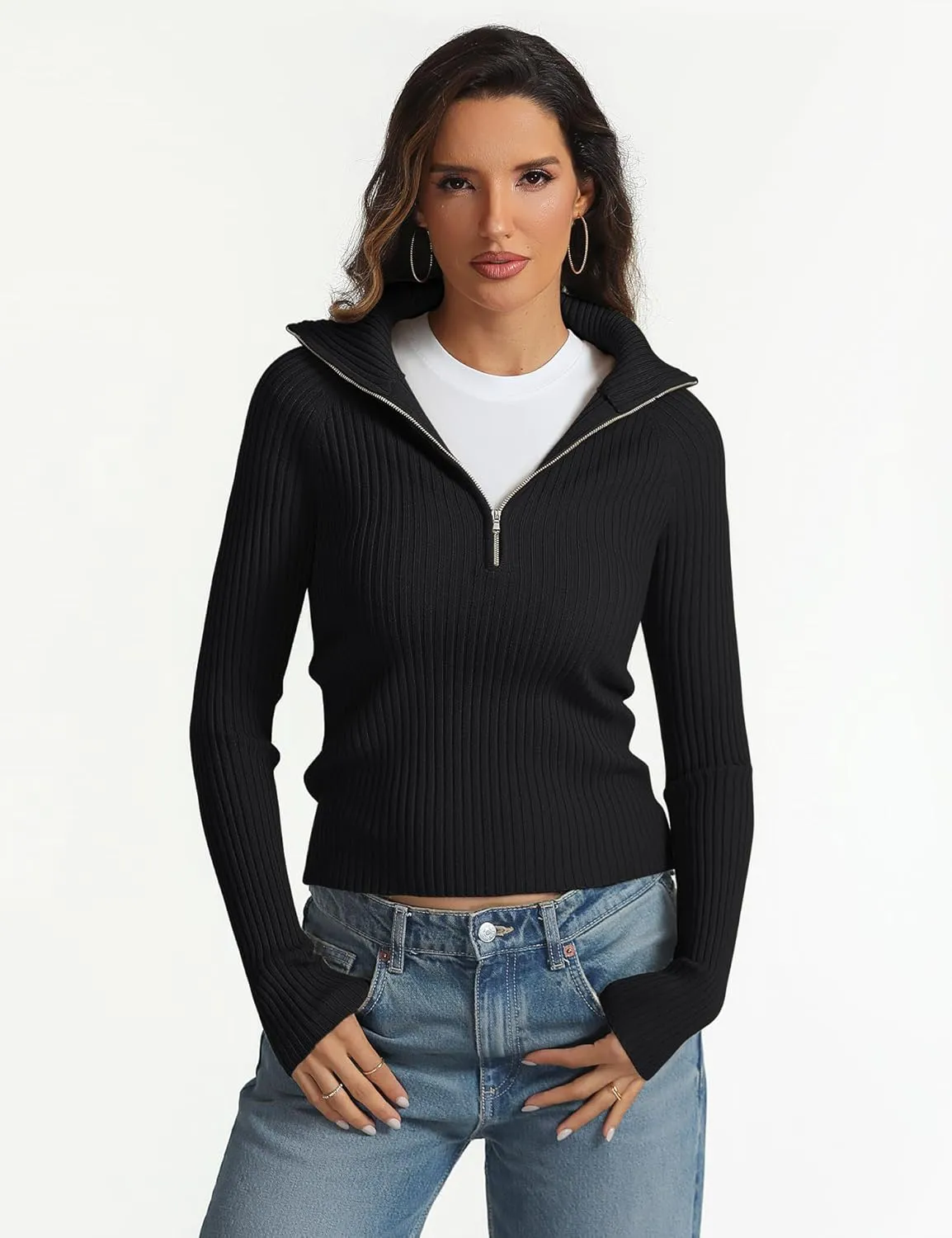 Prettywear 2024 Women's Half Zip Pullover Sweaters V Neck Collared Long Sleeve Ribbed Knit Fall Tops Dressy Casual