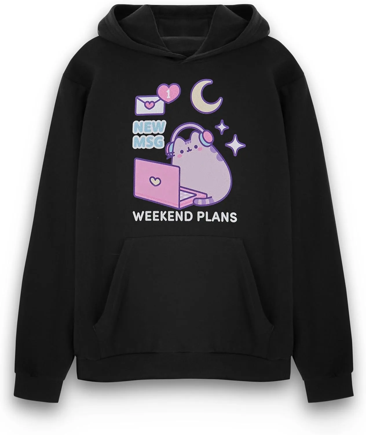 Pusheen Womens Hoodie | Ladies Graphic Hooded Sweatshirt in Black | Cat Kitten Laptop New Msg Love Hearts Apparel Sweater