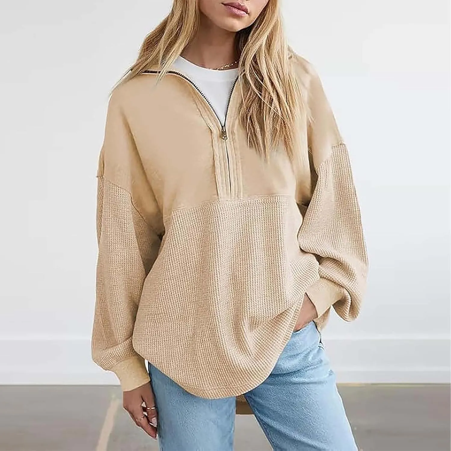 Quarter Zip Pullover Women Oversized Sweatshirt Fall Outfits for Women 2024 Knit Half Zip Pullover Loose Long Sleeve