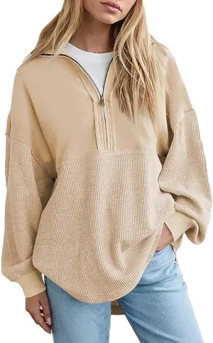 Quarter Zip Pullover Women Oversized Sweatshirt Fall Outfits for Women 2024 Knit Half Zip Pullover Loose Long Sleeve