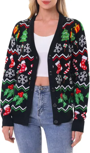 RAISEVERN Ugly Christmas Cardigan Sweater Women Oversized Knit Open Front Tops