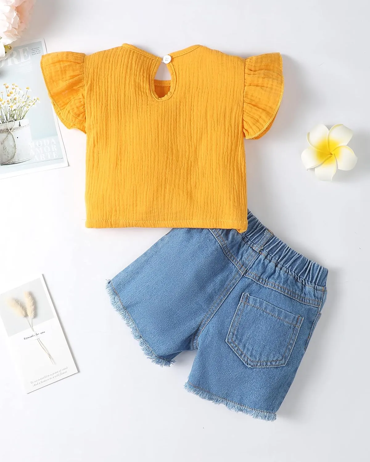 Renotemy Toddler Baby Girls Clothes Summer Outfits Ruffle Sleeve Tops Belt Shorts Pant Clothing Shorts Sets for Girls