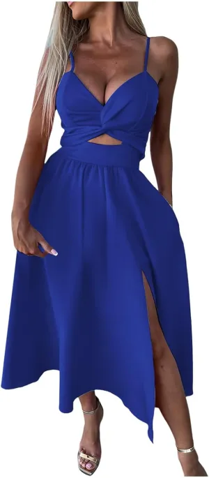 Rvidbe Summer Dresses for Women 2025 Spaghetti Strap Midi Dress Sleeveless V Neck Cutout Slit Casual Beach Party Maxi Dress