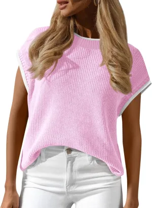 Saodimallsu Womens Cap Sleeve Cropped Sweater Tops Summer Casual Crew Neck Color Block Loose Ribbed Knit Sweater Vest