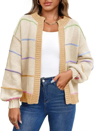 Saodimallsu Womens Color Block Cardigan Sweater Striped Open Front 2024 Fall Chunky Trendy Knit Loose Sweater Coats