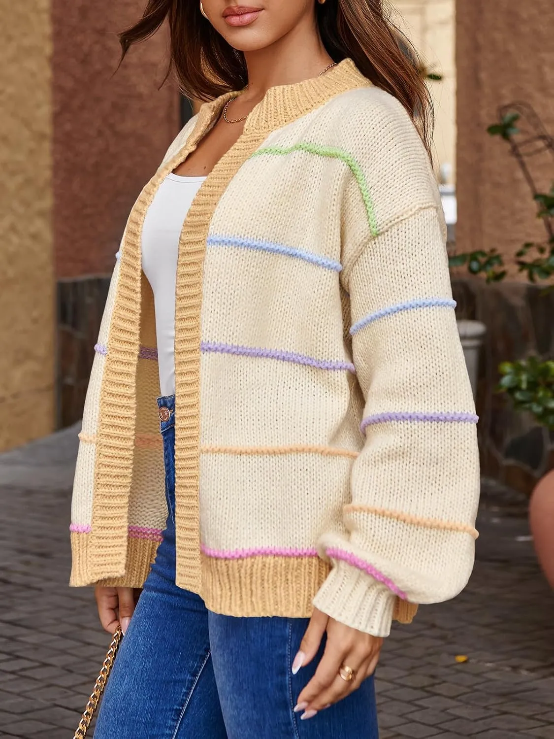 Saodimallsu Womens Color Block Cardigan Sweater Striped Open Front 2024 Fall Chunky Trendy Knit Loose Sweater Coats