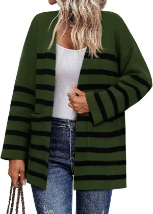 Saodimallsu Womens Oversized Striped Cardigans Open Front Chunky Knit Casual Loose Fit Long Sleeve Sweater Coats