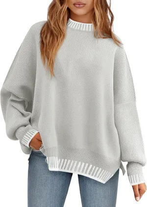 Saodimallsu Womens Oversized Sweaters Crewneck Color Block Winter Sweater Lantern Sleeve Side Slit Knit Pullover Tops