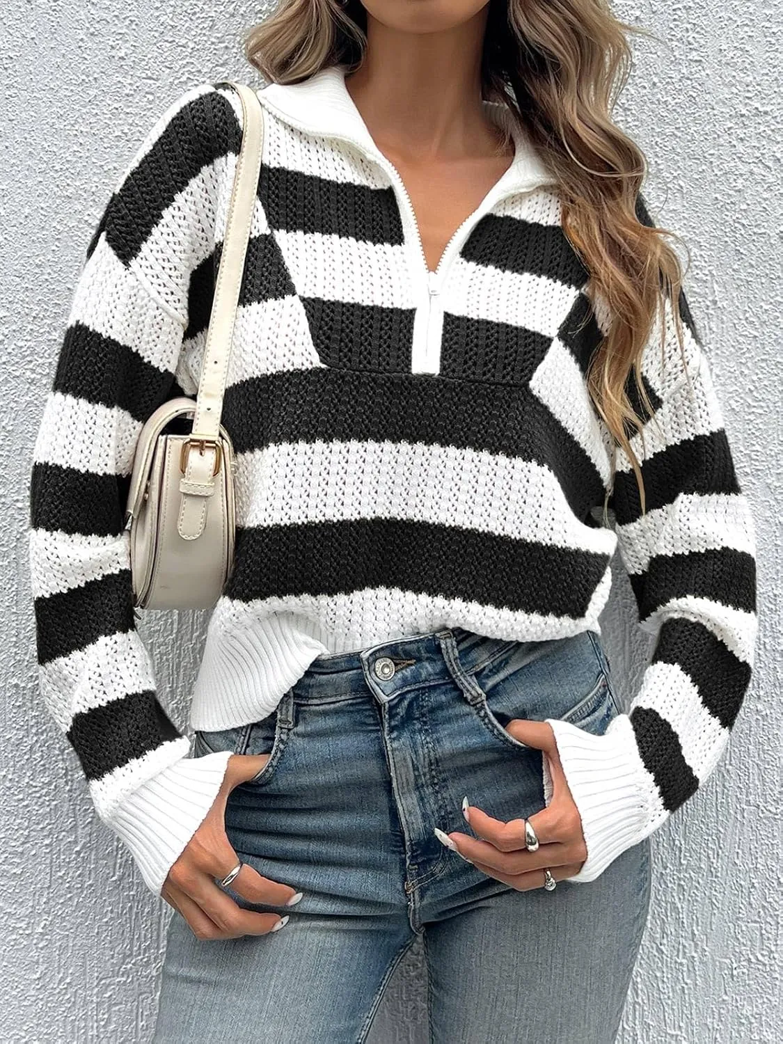 Saodimallsu Womens Striped Crochet Sweaters Half Zip Cropped V Neck Color Block Loose Knit Pullover Tops