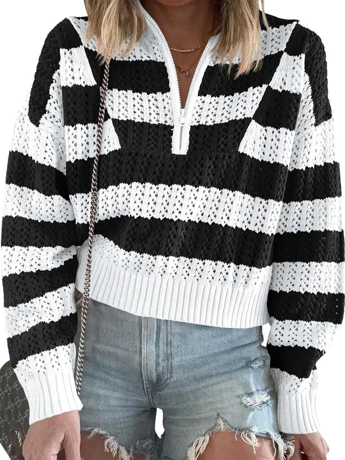 Saodimallsu Womens Striped Crochet Sweaters Half Zip Cropped V Neck Color Block Loose Knit Pullover Tops