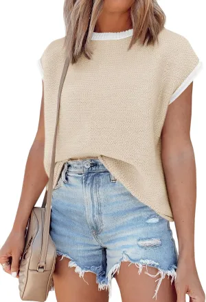 Saodimallsu Womens Summer Cap Sleeve Knit Tops Casual Sleeveless Sweater Vest Crew Neck Color Block 2025 Trendy Tank Top