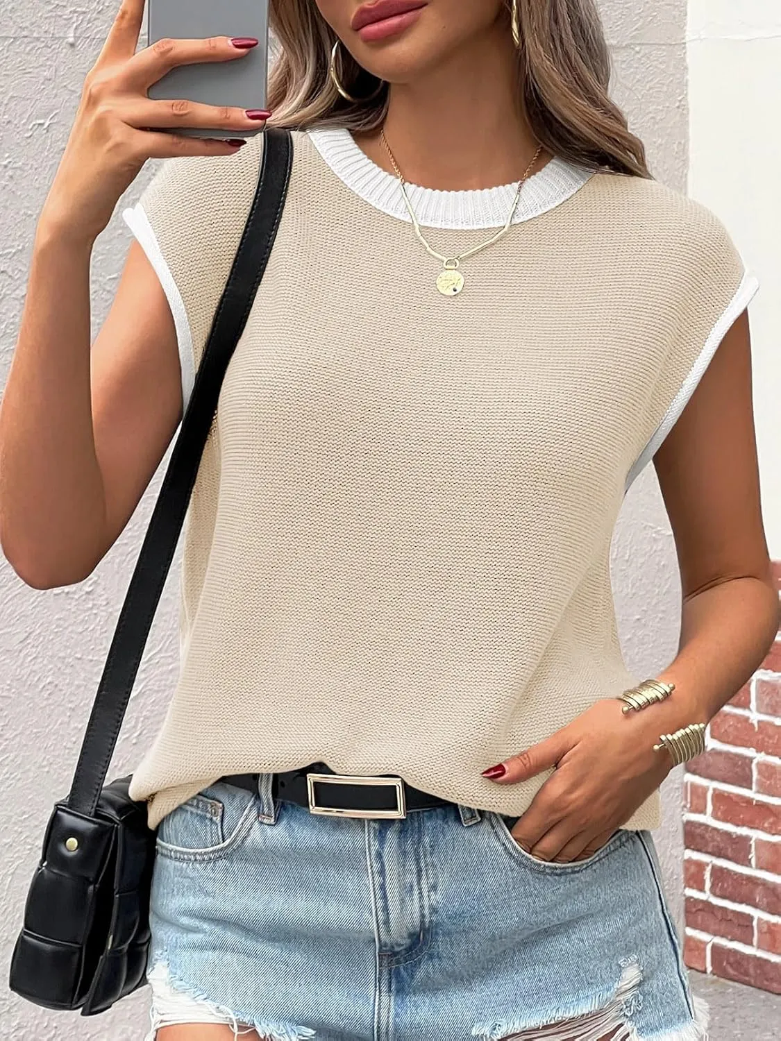 Saodimallsu Womens Summer Cap Sleeve Knit Tops Casual Sleeveless Sweater Vest Crew Neck Color Block 2025 Trendy Tank Top