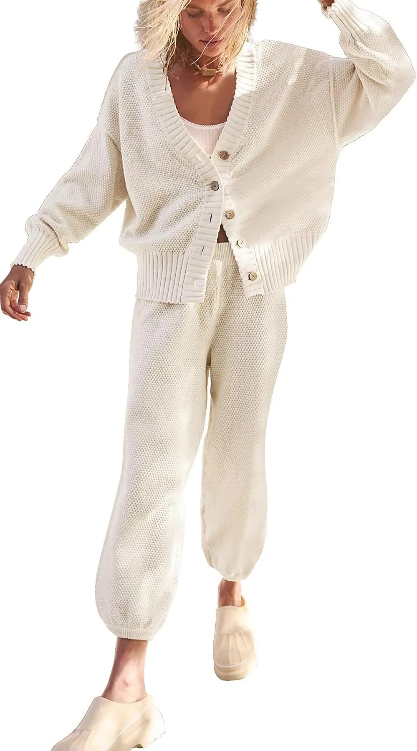 SAUKOLE Womens Two Piece Outfits Knit Sweater Sets Oversized Button Down Cardigan and Long Pants Matching Lounge Set