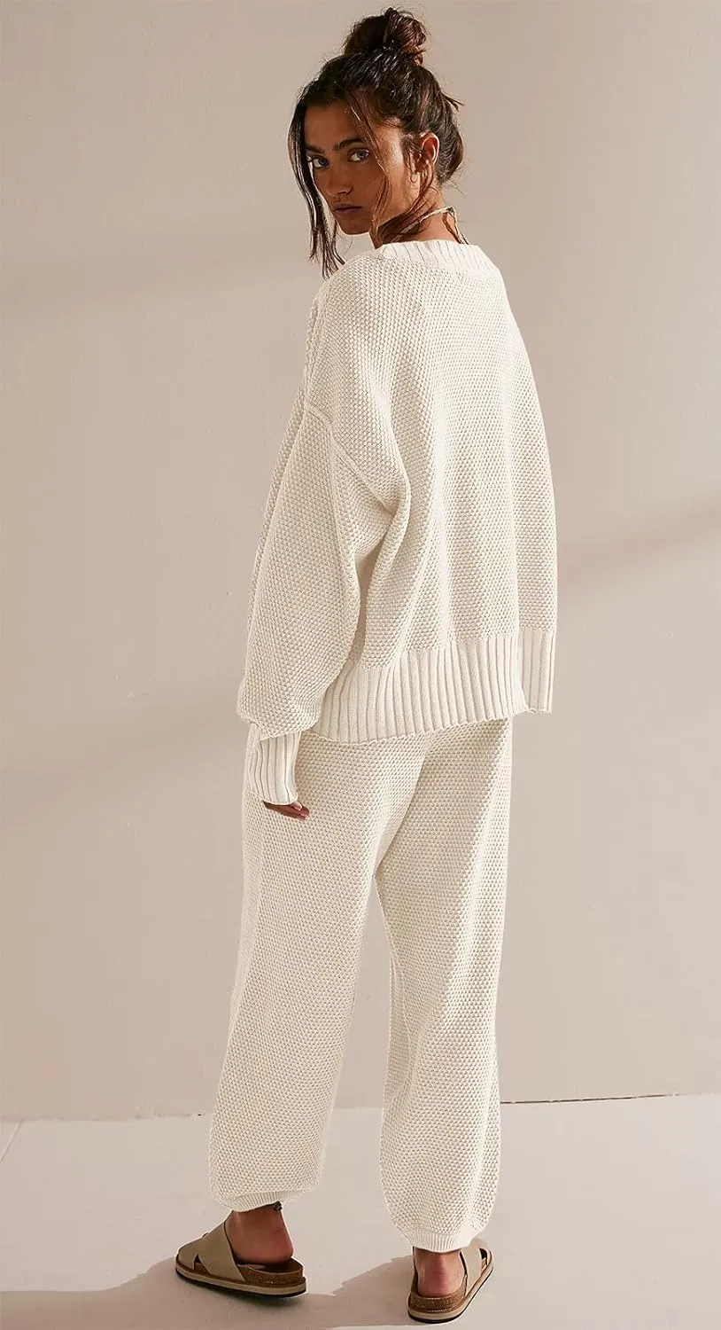 SAUKOLE Womens Two Piece Outfits Knit Sweater Sets Oversized Button Down Cardigan and Long Pants Matching Lounge Set