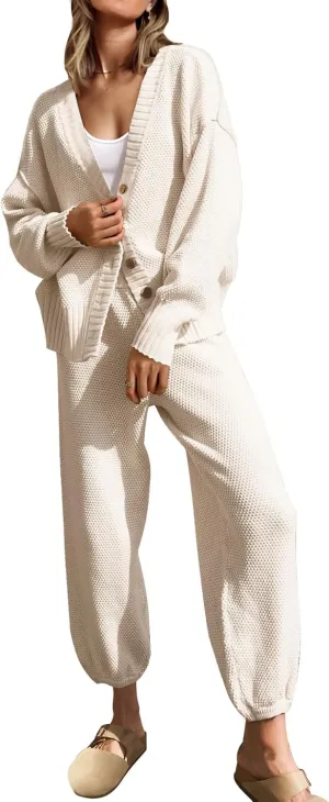 SAUKOLE Womens Two Piece Outfits Knit Sweater Sets Oversized Button Down Cardigan and Long Pants Matching Lounge Set