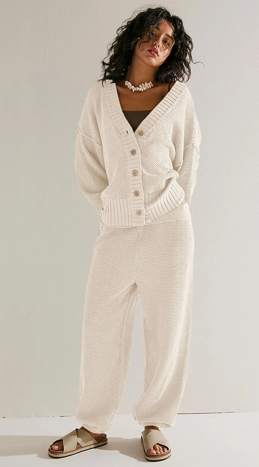 SAUKOLE Womens Two Piece Outfits Knit Sweater Sets Oversized Button Down Cardigan and Long Pants Matching Lounge Set