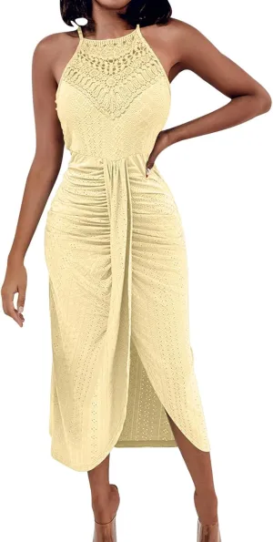 Sexy Prints Dress for Women Front Split Straps Sleeveless Midi Skirt Slimming Round Neck Pleated Dresses Cocktail
