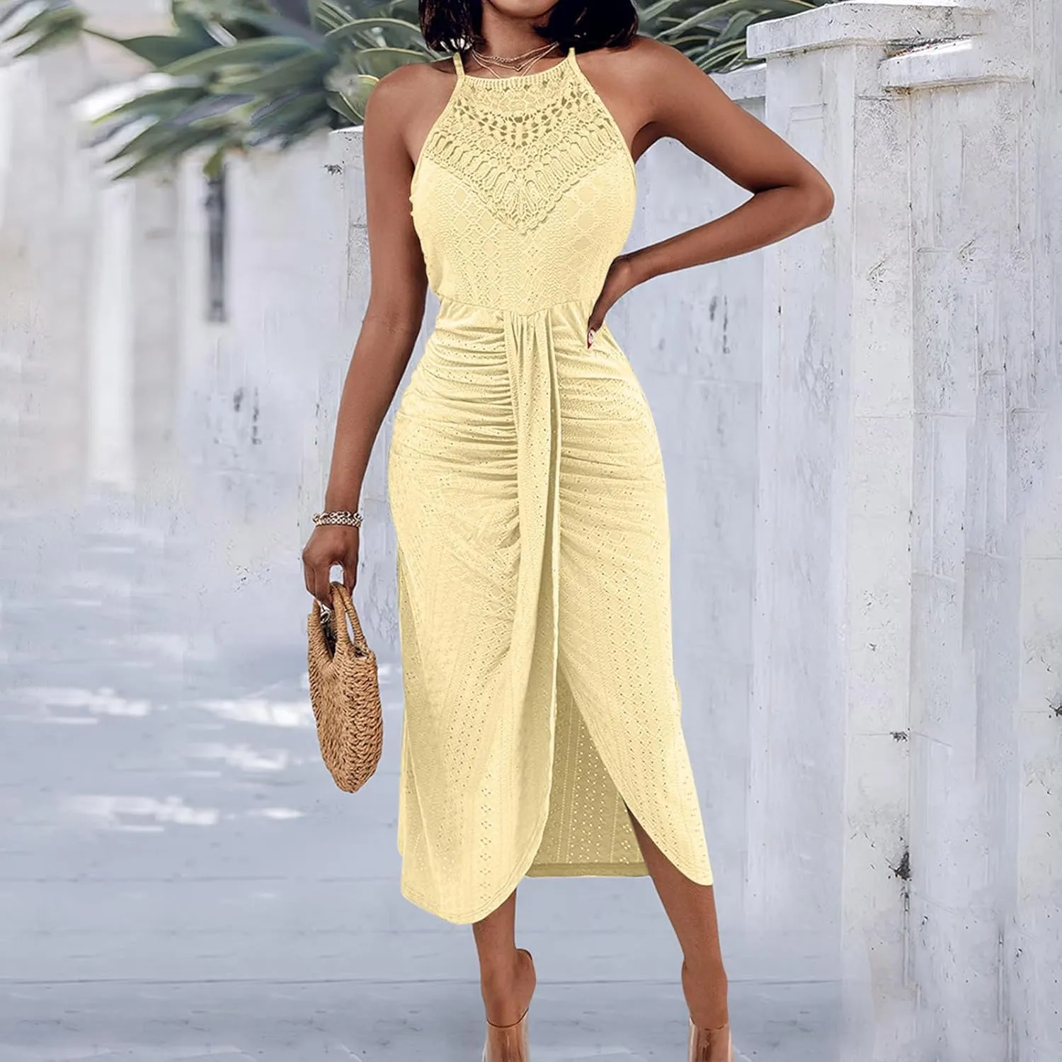 Sexy Prints Dress for Women Front Split Straps Sleeveless Midi Skirt Slimming Round Neck Pleated Dresses Cocktail