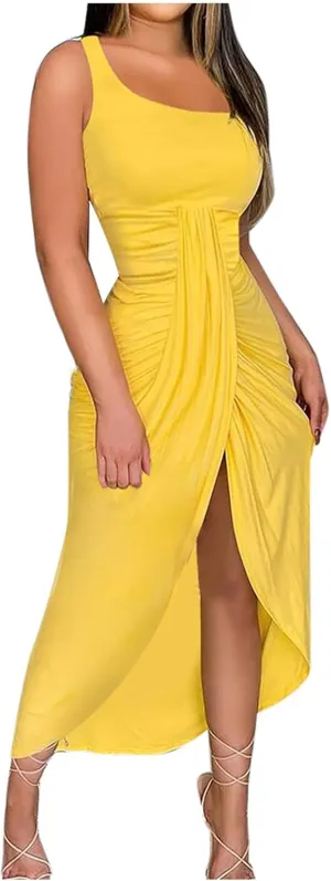 Sexy Tube Dresses for Women Loose Casual Sleeveless Strappy Tie Dye Color Block Sundresses High Split Party Dress
