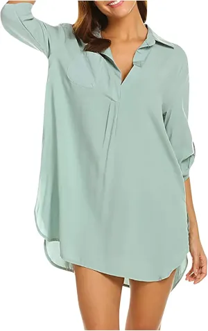 Shirt Dresses for Women 2025 Vacation Roll-up 3/4 Sleeve V Neck Mini Dress Summer Side Split Hem Casual Tunic Dress