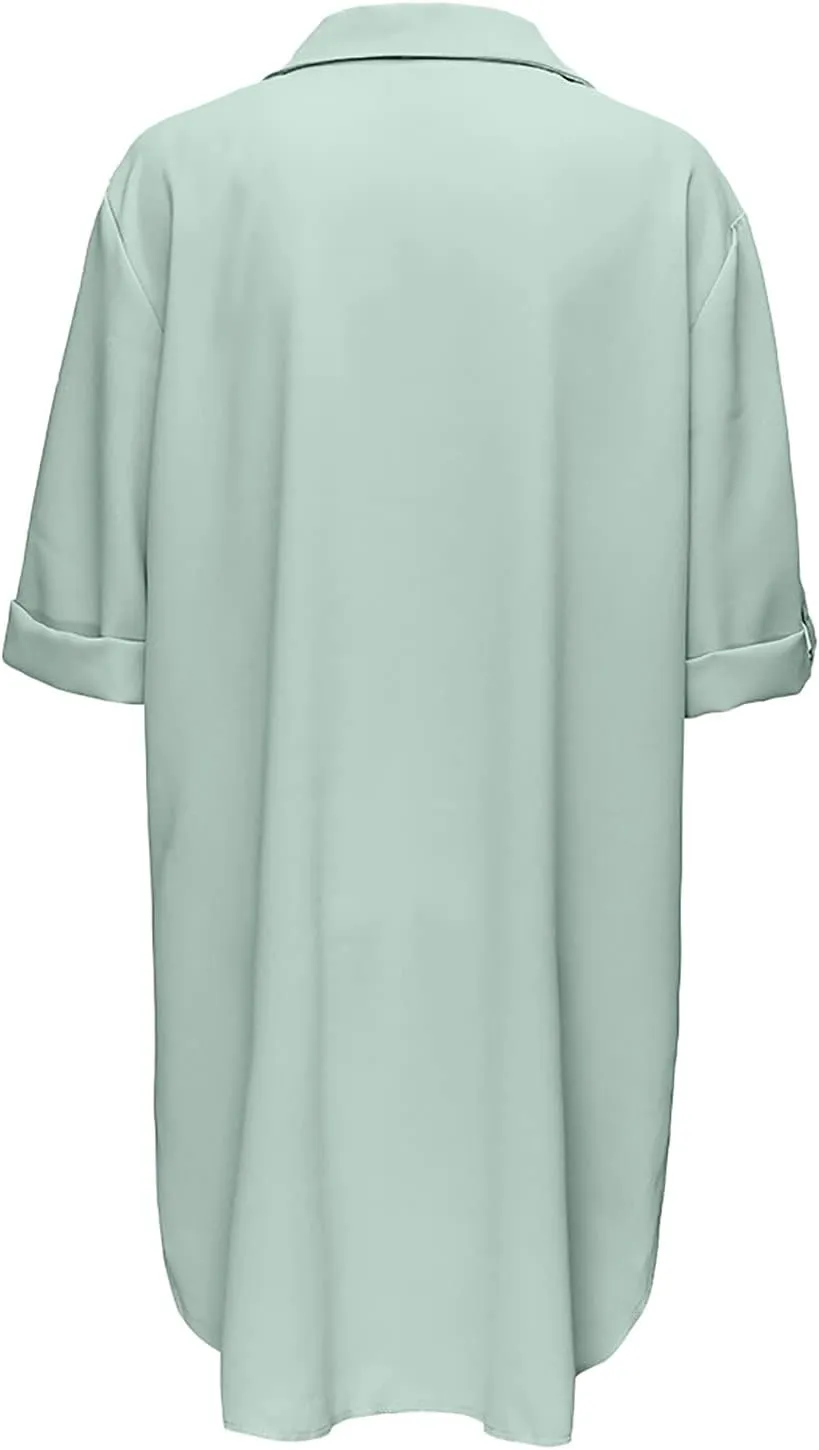 Shirt Dresses for Women 2025 Vacation Roll-up 3/4 Sleeve V Neck Mini Dress Summer Side Split Hem Casual Tunic Dress