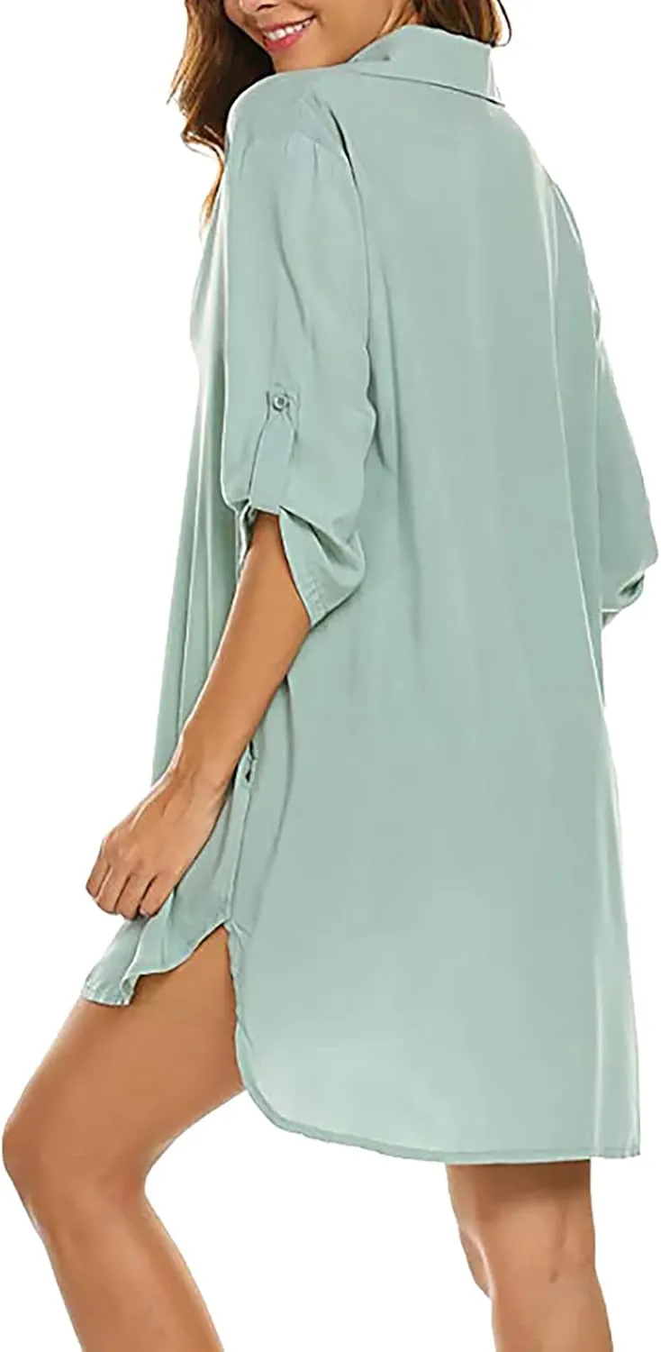 Shirt Dresses for Women 2025 Vacation Roll-up 3/4 Sleeve V Neck Mini Dress Summer Side Split Hem Casual Tunic Dress