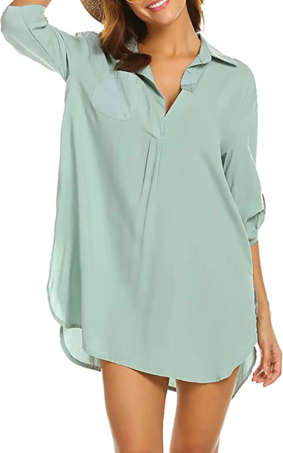 Shirt Dresses for Women 2025 Vacation Roll-up 3/4 Sleeve V Neck Mini Dress Summer Side Split Hem Casual Tunic Dress