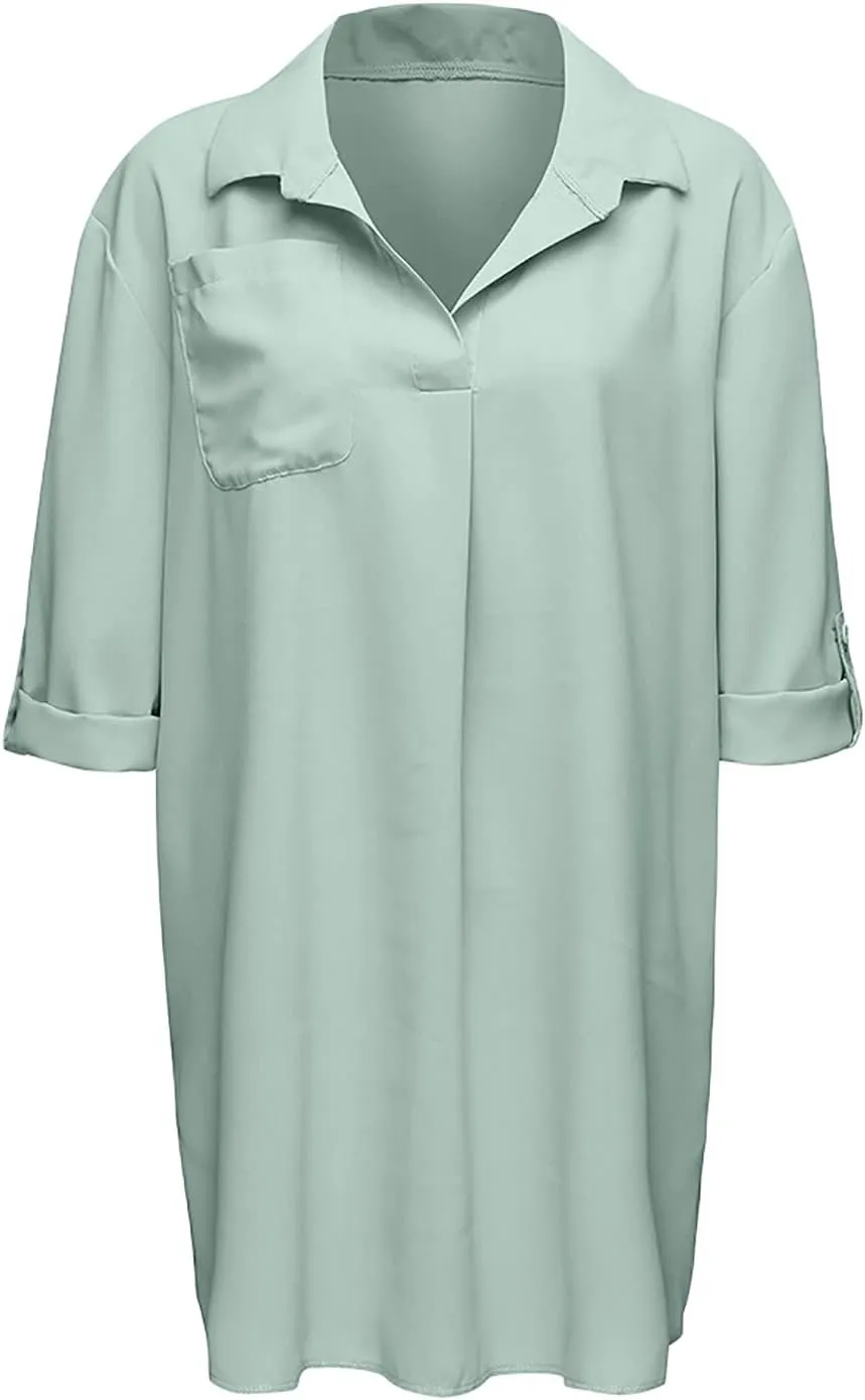 Shirt Dresses for Women 2025 Vacation Roll-up 3/4 Sleeve V Neck Mini Dress Summer Side Split Hem Casual Tunic Dress